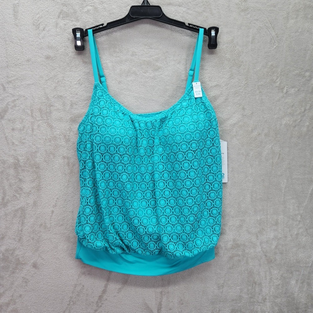 Coco Contours Tankini Top Size 10 34C/D‎ Crochet Bra Sized Swim Lace Aquamarine